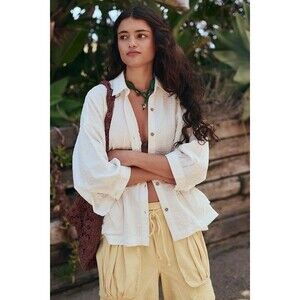 Free People Free-Est Just Like Me Seersucker Shirt White Top Buttondown M 283537